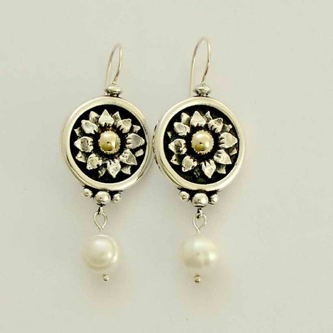 Silver gold sunflower earrings, dangle pearl earrings, white pearl earrings, mixed metal earrings, two tones earrings - Sun Showers E0285-1