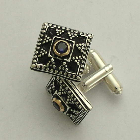 Two tone Men's cuff links, silver gold cuff links, unique cuff links, square cuff links, sapphire corundum cuff links - Royal Blue C0293X