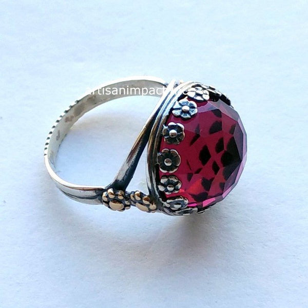 Pink quartz ring, Crown ring, flowers ring, two tone ring, silver ring, gemstone ring, statement ring, cocktail ring - Think pink R2070