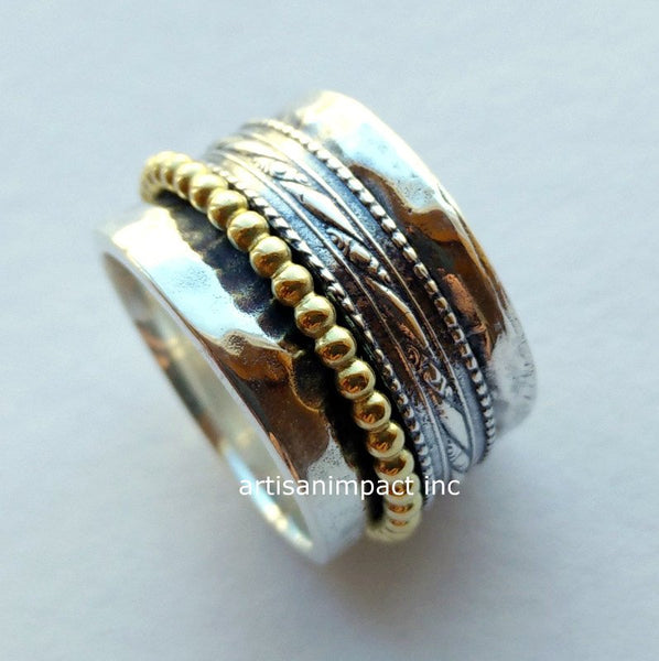Unique silver ring for men and women, silver gold band, wedding band, wide band, twotone ring, gypsy ring, spin ring - Majestic life R2075