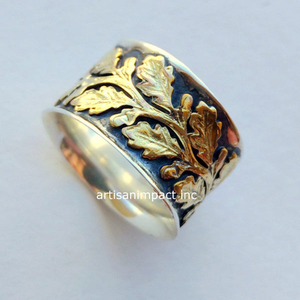 Leaf band, Vine ring, gold silver ring, wide silver band, Leaves ring, Sterling silver ring, Nature ring, two tone ring - Connected R2093