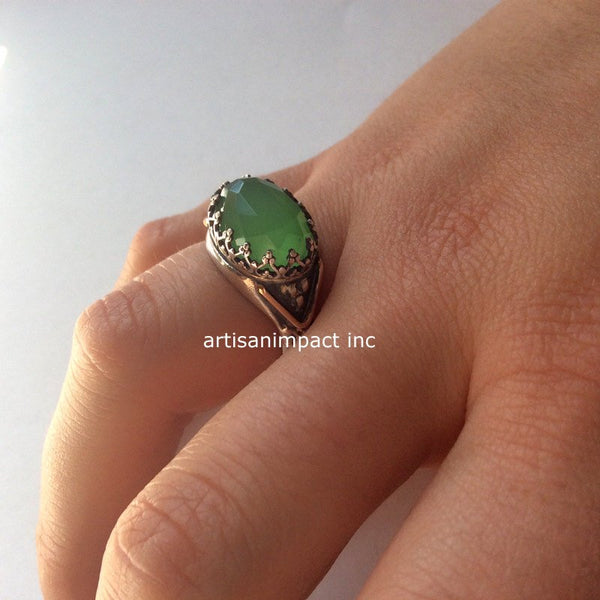 Green quartz ring, sterling silver ring, silver gold ring, crown ring, gemstone ring, Vintage ring, gypsy ring - Little things R2052G-1