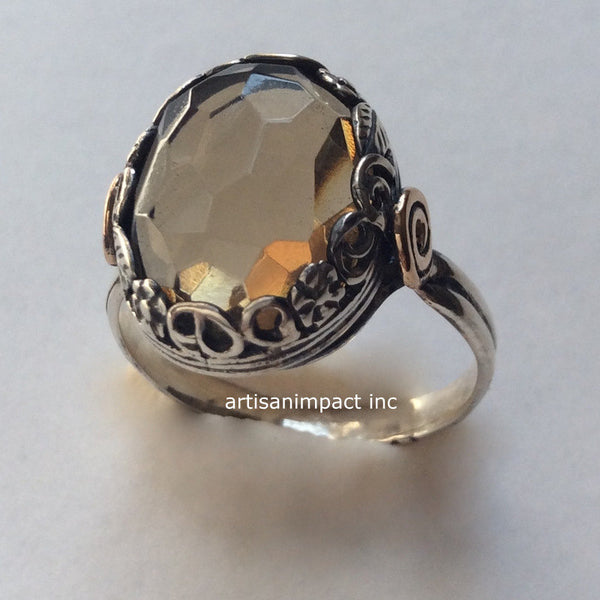 Silver ring, bohemian smoky quartz ring, silver gold ring, gemstone ring, two tone ring, engagement  ring, floral ring - Blind love R2114