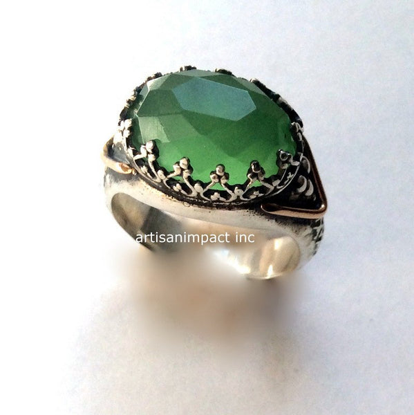 Green quartz ring, sterling silver ring, silver gold ring, crown ring, gemstone ring, Vintage ring, gypsy ring - Little things R2052G-1