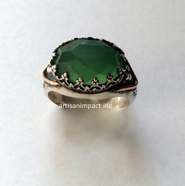 Green quartz ring, sterling silver ring, silver gold ring, crown ring, gemstone ring, Vintage ring, gypsy ring - Little things R2052G-1