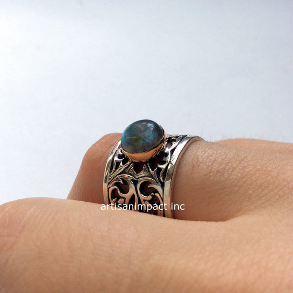 Labradorite ring, Gypsy ring, green ring, silver engagement ring, wide ring, boho jewelry, silver gold ring, stone ring - Let it go  R2057-1