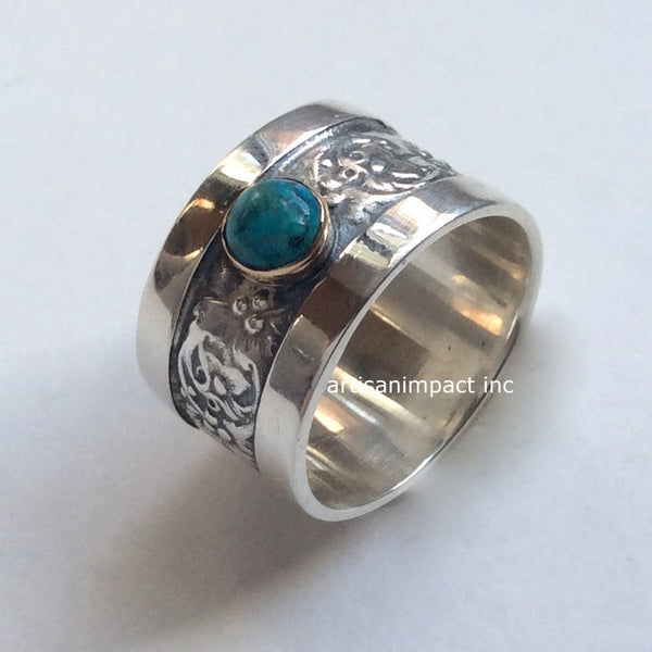 Silver Gold Ring, Statement Ring, Sterling Silver Ring, Woodland Ring, Turquoise Ring, Floral boho Ring, Cocktail Ring - A lovely day R2118