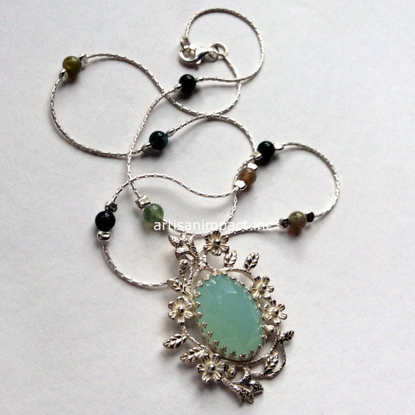 Jade pendant, Floral necklace, silver necklace, gemstones necklace, beaded necklace, botanical, green stone pendant - Spring Flowers  N2009