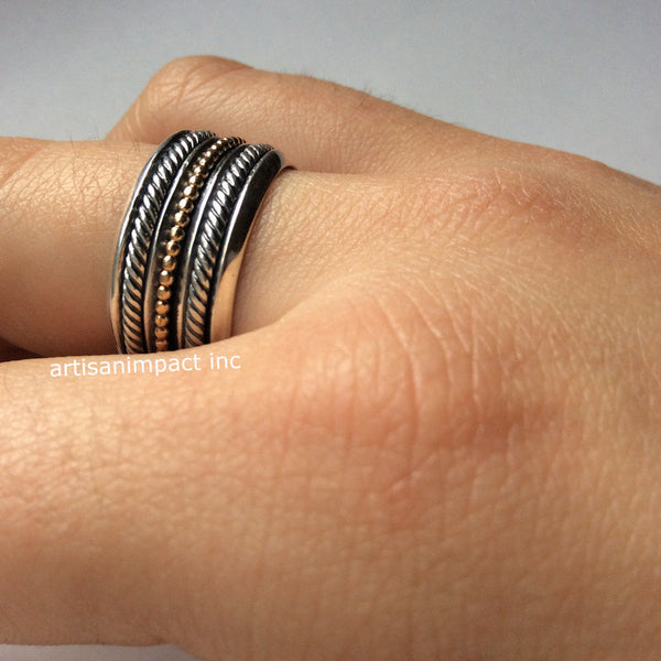 Wedding band, silver wedding ring, silver gold ring, rope ring, hippie ring, wide band, spinner ring , unisex band, stacker - Madness  R2102