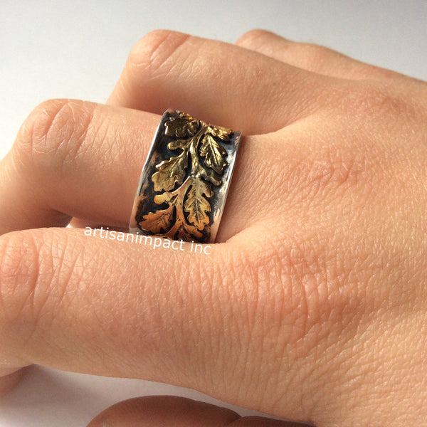 Leaf band, Vine ring, gold silver ring, wide silver band, Leaves ring, Sterling silver ring, Nature ring, two tone ring - Connected R2093