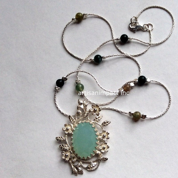 Jade pendant, Floral necklace, silver necklace, gemstones necklace, beaded necklace, botanical, green stone pendant - Spring Flowers  N2009