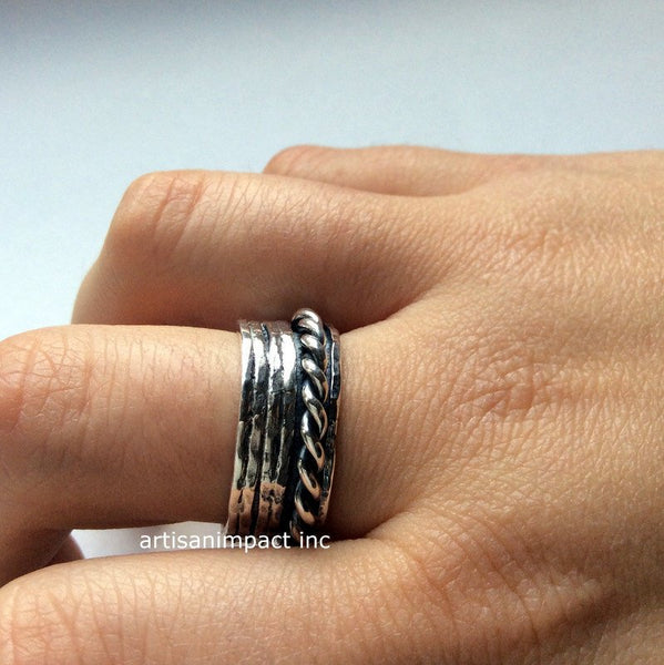 Meditation ring, unisex fidget band, rope ring, men wedding band, unisex ring, silver ring, silver spinner ring - Between the lines R2104