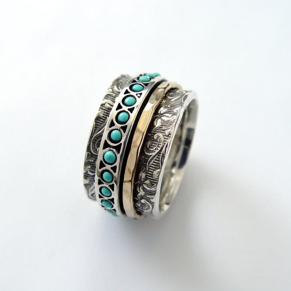 Meditation ring, Silver band, Turquoise ring, gold ring, stacking spinner ring, wide silver ring, wedding ring - Edge of the World R1209G