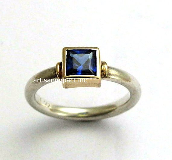Sapphire ring, Silver ring, silver yellow gold ring, blue sapphire Ring, square stone ring, engagement ring, casual ring - Deep ocean. R0956