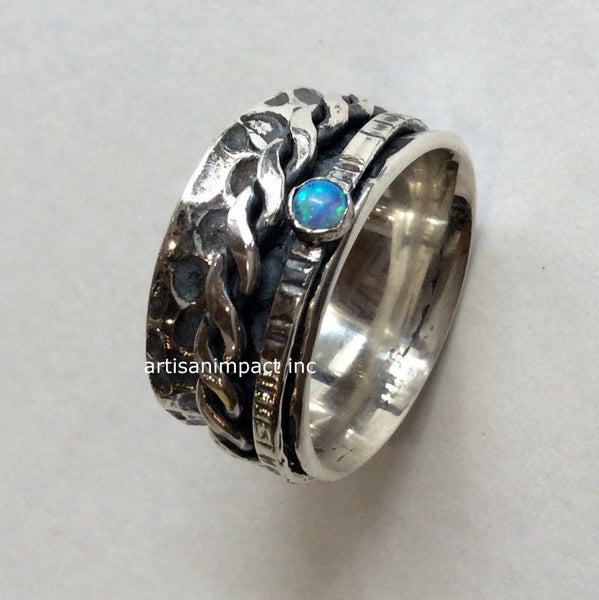 Silver wedding ring, blue opal ring, gemstone ring,spinning ring, wide silver band, engagement wedding bands- Just the two of us R2130