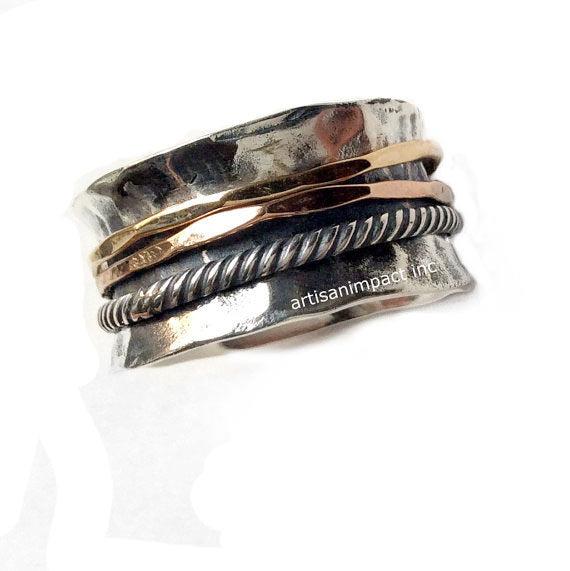 Rustic silver band, Hammered silver band, stacking bands, silver gold ring, spinners ring, wedding band, twotone ring - Glory of love R2099