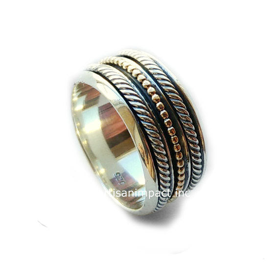 Wedding band, silver wedding ring, silver gold ring, rope ring, hippie ring, wide band, spinner ring , unisex band, stacker - Madness  R2102