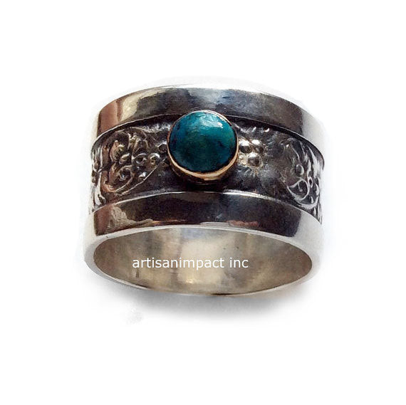 Silver Gold Ring, Statement Ring, Sterling Silver Ring, Woodland Ring, Turquoise Ring, Floral boho Ring, Cocktail Ring - A lovely day R2118