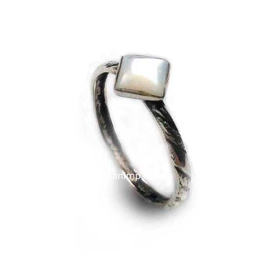 Shell ring, sterling silver ring, thin ring, textured ring, gemstone ring, stacking ring, simple ring, square shell ring. - Angel R2121