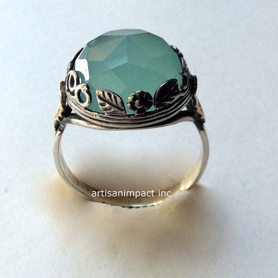 Jade ring, Large Gemstone ring, Sterling silver ring, cocktail ring, gold silver ring, leaves ring, gold leaf ring - Magical mystery R2069-1