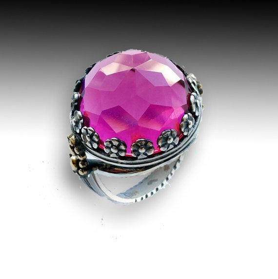 Pink quartz ring, Crown ring, flowers ring, two tone ring, silver ring, gemstone ring, statement ring, cocktail ring - Think pink R2070