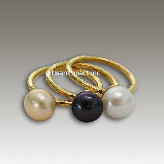 14K Gold white peacock peach pearl stacking ring