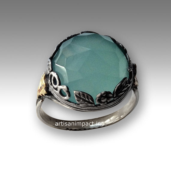 Jade ring, Large Gemstone ring, Sterling silver ring, cocktail ring, gold silver ring, leaves ring, gold leaf ring - Magical mystery R2069-1