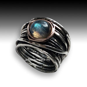 Silver engagement ring, Labradorite ring, wide band, two tones ring, gold nest ring, wire wrap ring, oxidised silver - Visions of you R2119