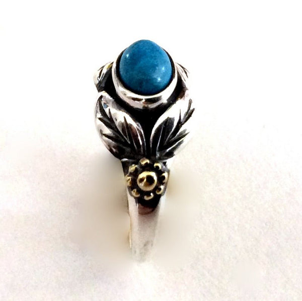 Gold Silver Ring, turquoise ring, gemstone ring, birthstone ring, Two tones ring, leaves ring, botanical ring - Wonder R2185