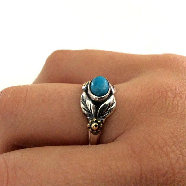 Gold Silver Ring, turquoise ring, gemstone ring, birthstone ring, Two tones ring, leaves ring, botanical ring - Wonder R2185