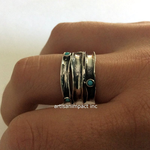 Turquoise ring, Silver ring, bohemian ring, turquoises band, wide band, gypsy ring, stacking rings, hippie ring - Rolling stones. R1020S