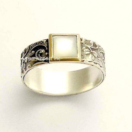Silver gold ring, shell ring, filigree ring, mixed metals band, two tone band, botanical ring, leaves ring, silver band - White spirit R1631