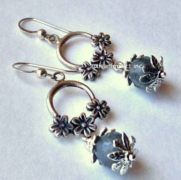 Labradorite dangle earrings, Botanical Earrings, long earrings, silver earrings, flower earrings, botanical earrings - Fairy garden E8011