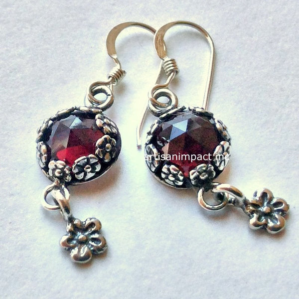 Flower Garnet earrings, Sterling silver earrings, floral earrings, long earrings, woodland earrings, botanical earrings - Juliette E8012