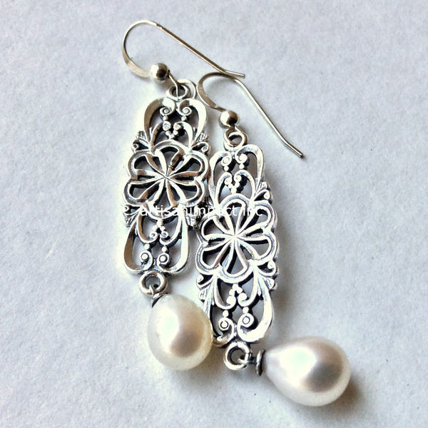 Drop pearl Sterling silver boho filigree earrings - Between the Lines - E8015