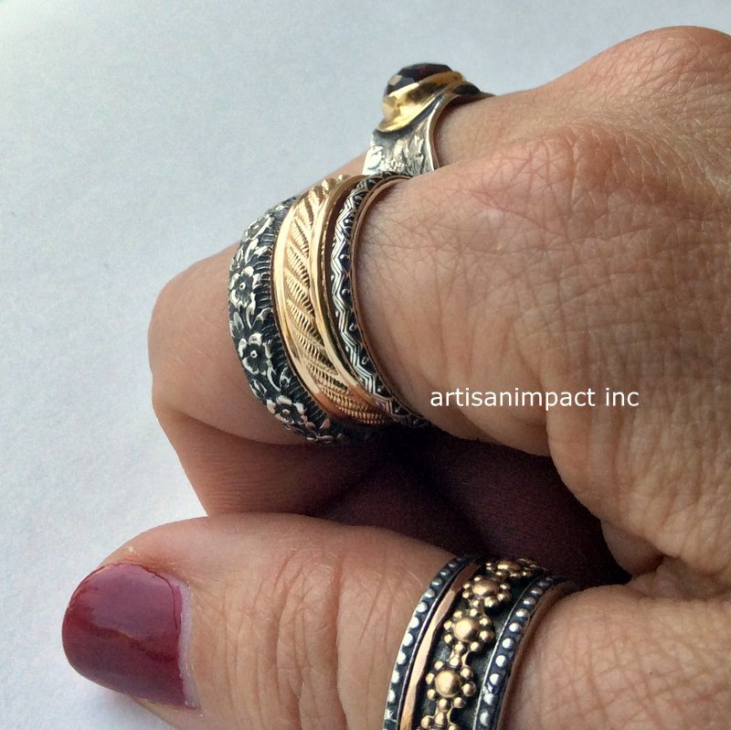 Stack Gold Silver Bands, trio of bands, two tone rings, rings set of 3, sterling and gold filled, Stacking bands set - Night And Day R2227T