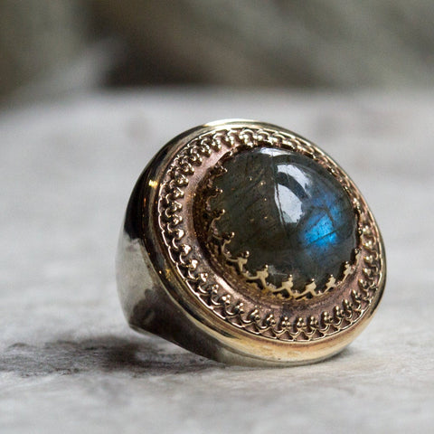 Labradorite ring, Boho ring, labradorite gypsy ring, stone ring, silver gold ring, two tone ring, gold filigree ring - The King ring R1110EA