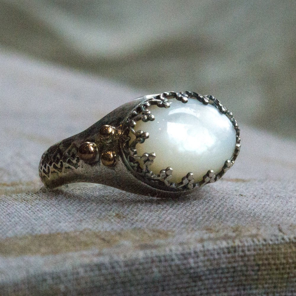 White Shell Ring, crown Ring, Gypsy ring, gold silver ring, unique Ring for her, unique engagement ring, bohemian ring - I believe R2052G