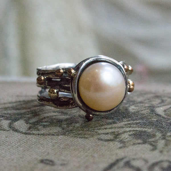 Fresh water Pearl ring, two tone ring, engagement ring, statement ring, Gold silver ring, boho ring, organic ring - Light in your eyes R2239