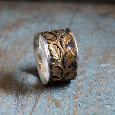 Leaf band, Vine ring, gold silver ring, wide silver band, Leaves ring, Sterling silver ring, Nature ring, two tone ring - Connected R2093