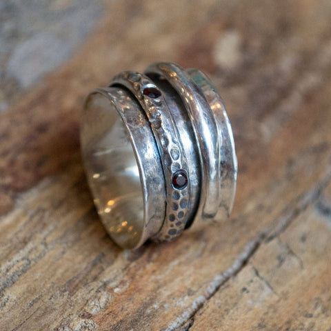 Silver wedding band, garnets ring, meditation ring, spinners band, gypsy ring, boho chic ring, wide silver band  - One special day R2079