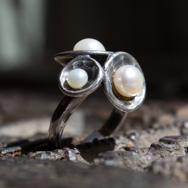 Silver pearls ring, hammered silver ring, Sterling silver ring, cluster domes ring, unique pearls ring, Organic ring - Pearl Cluster R1558