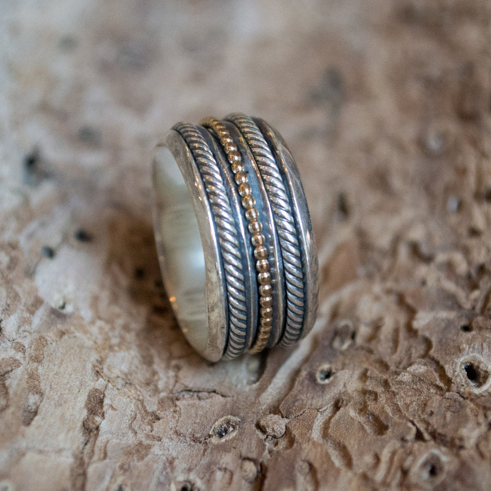 Wedding band, silver wedding ring, silver gold ring, rope ring, hippie ring, wide band, spinner ring , unisex band, stacker - Madness  R2102