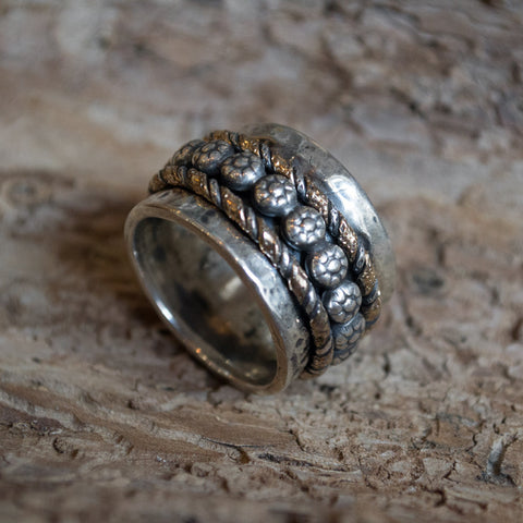 Spinner ring, Floral ring, silver ring, silver band, wedding band, boho ring, rope ring, silver gold ring, twotone - A woman in love R2199