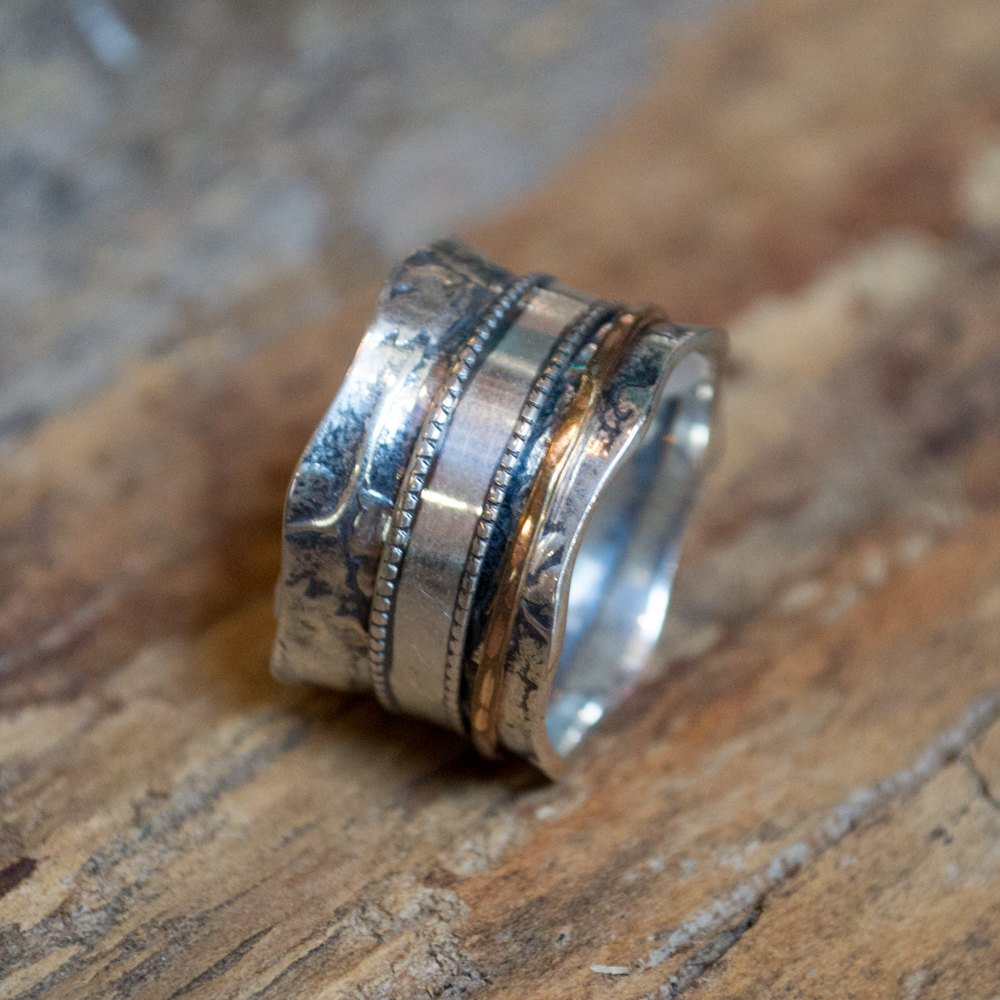 Wedding ring, spinning ring, fidget ring, gold silver band, bohemian band, statement ring, unique unisex band, floral - Moonshadow R2187
