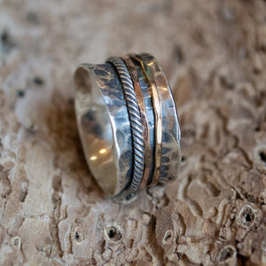 Rustic silver band, Hammered silver band, stacking bands, silver gold ring, spinners ring, wedding band, twotone ring - Glory of love R2099