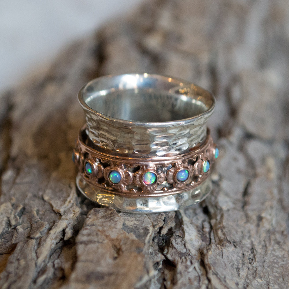 Silver rose gold wedding band, bohemian ring, gypsy ring, spinner ring, opals ring, flowers ring, twotone ring - New beginnings 2 R1149XZ-6