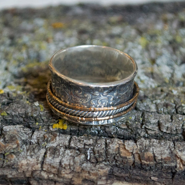 Spinner ring, fidget ring, gypsy ring, wide Silver band, silver gold band, bohemian jewelry, wedding band, rope ring, vine - We love R2078