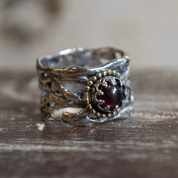 Silver ring, garnet Band, braided silver ring, wide silver ring, boho ring, unique silver engagement ring, gypsy ring - On That Day R2257