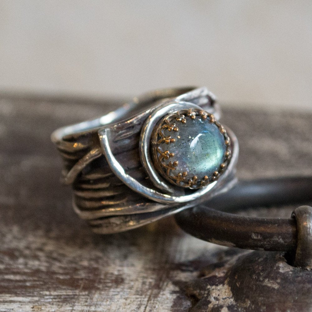 Labradorite ring, Silver ring, wide band, two tones ring, engagement ring, crown ring, wire wrap silver band, boho ring - Love Itself R2255